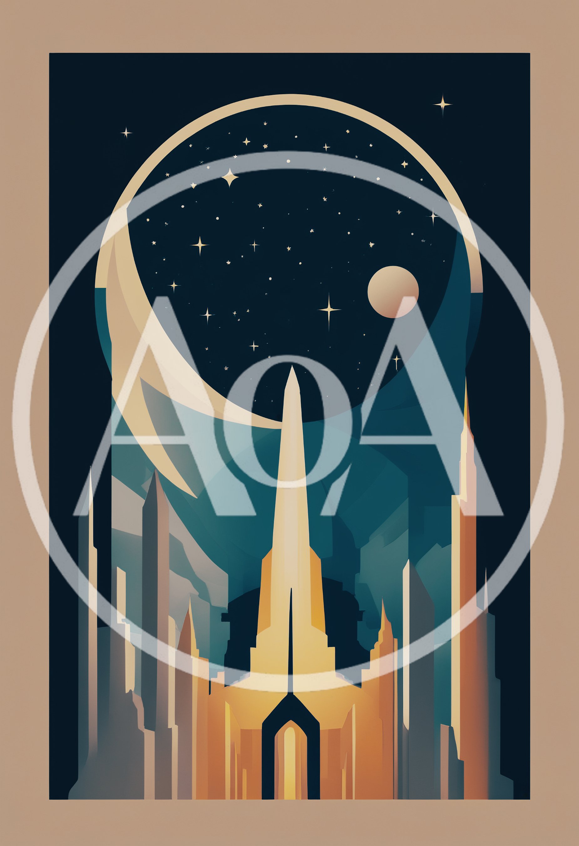 Art Deco Style Futuristic Cityscape With Celestial Moon