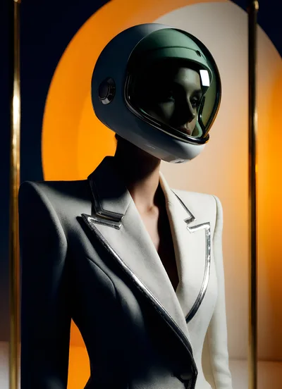 Fashion Model Wearing Futuristic Astronaut Helmet And Blazer