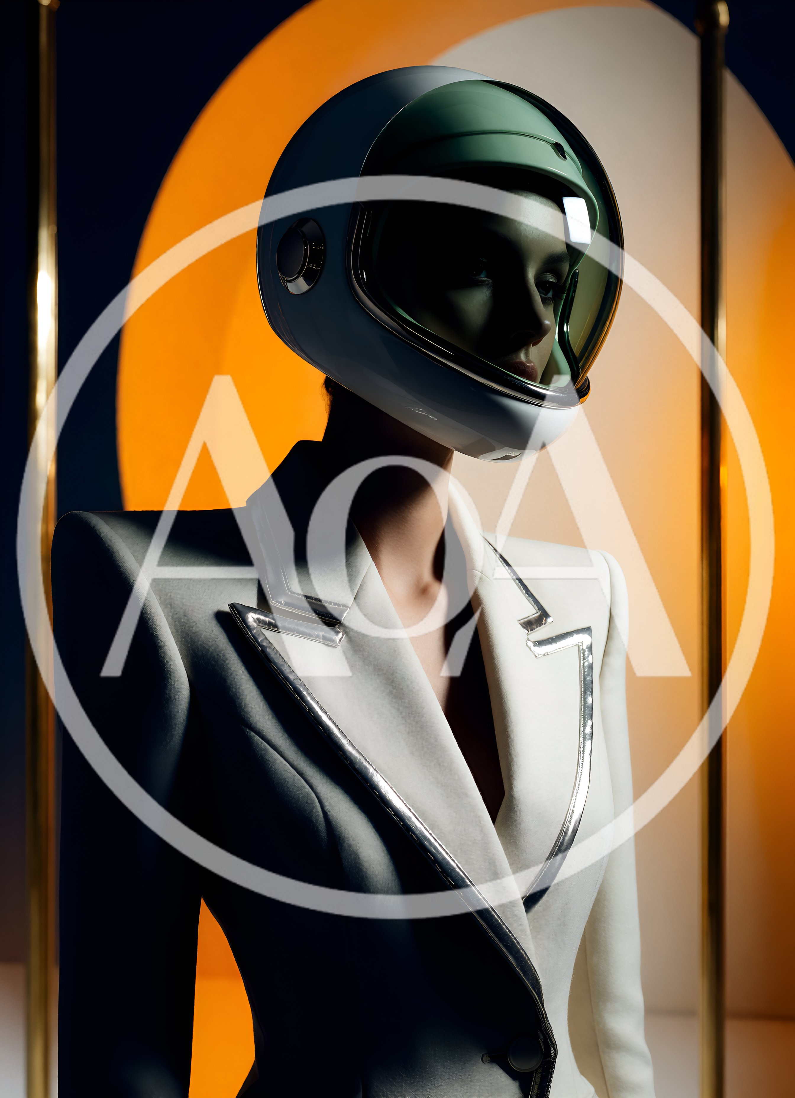 Fashion Model Wearing Futuristic Astronaut Helmet And Blazer