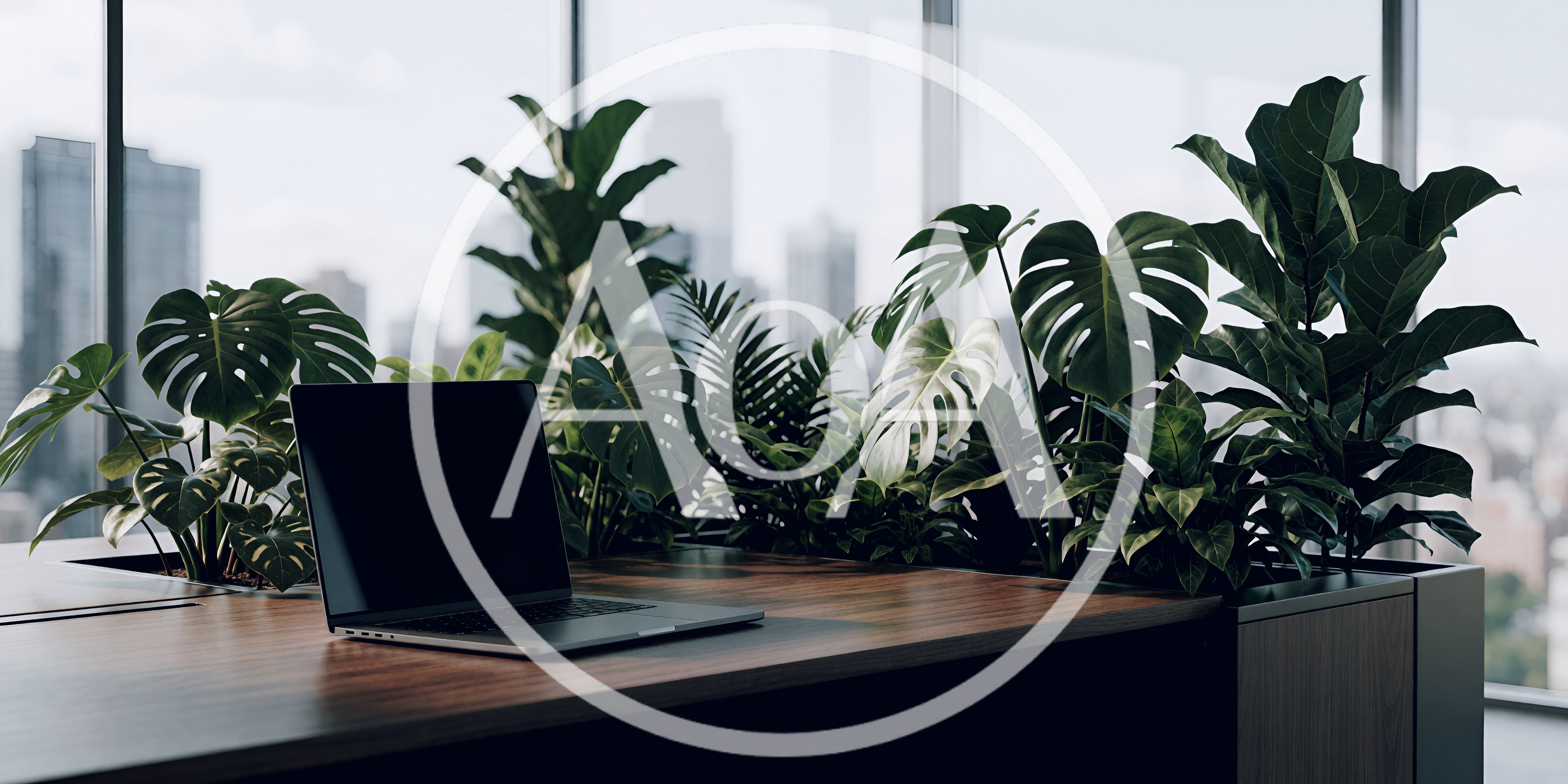 Modern Laptop On Wooden Desk With Lush Indoor Plants