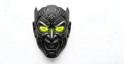 Futuristic Cybernetic Oni Mask With Glowing Green Eyes