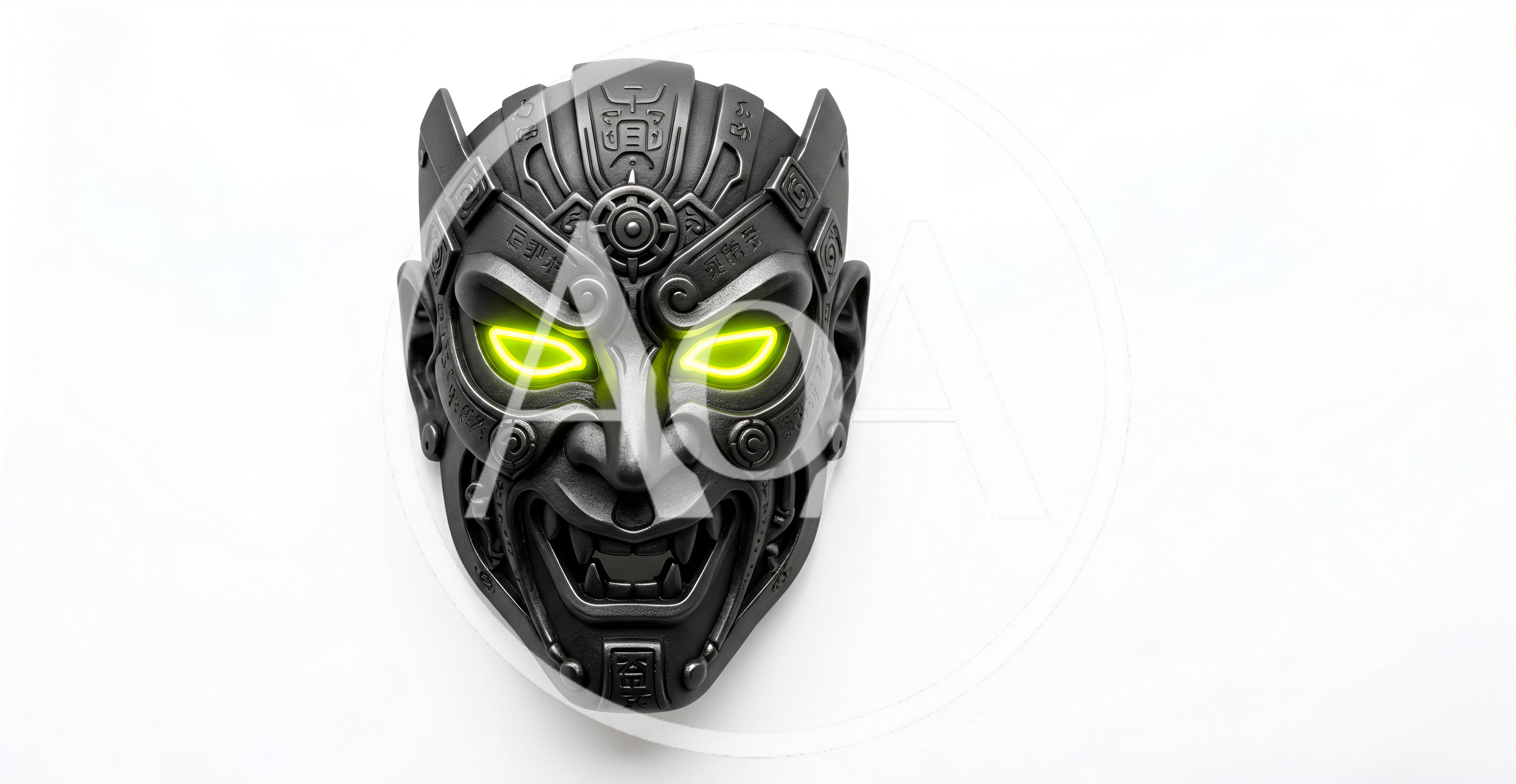 Futuristic Cybernetic Oni Mask With Glowing Green Eyes