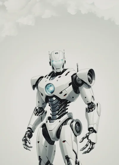 Futuristic White Robotic Android Standing Against Cloudy Sky