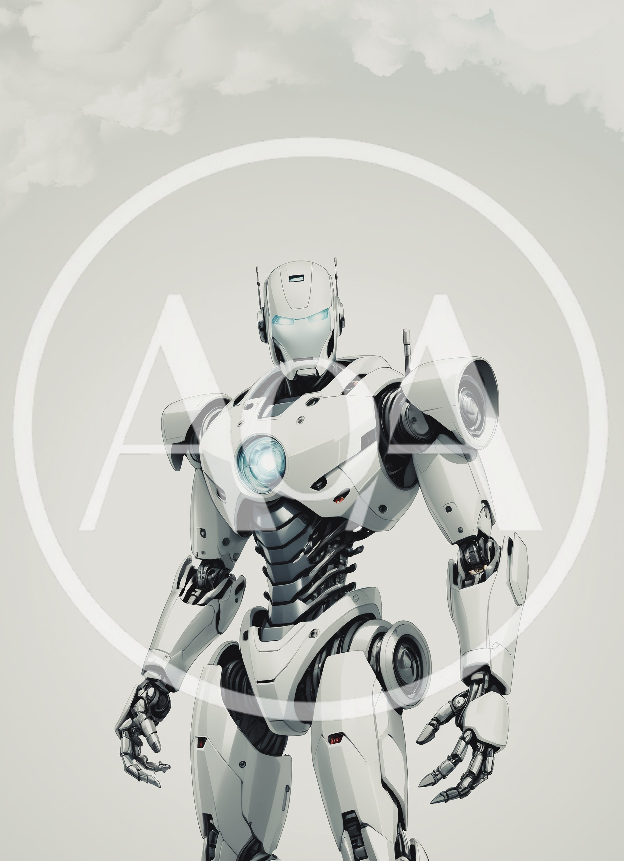 Futuristic White Robotic Android Standing Against Cloudy Sky