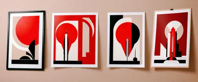 Four Modern Minimalist Art Prints Hanging On Wall