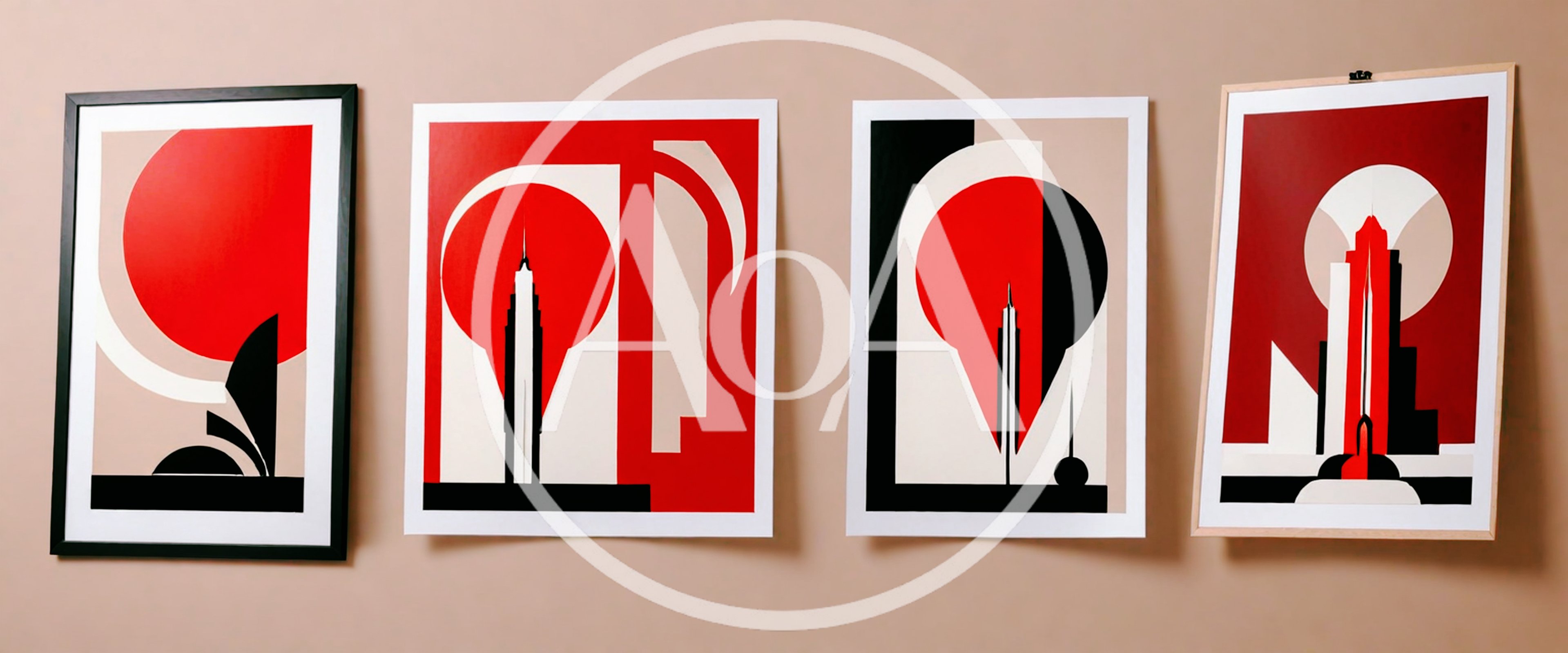 Four Modern Minimalist Art Prints Hanging On Wall