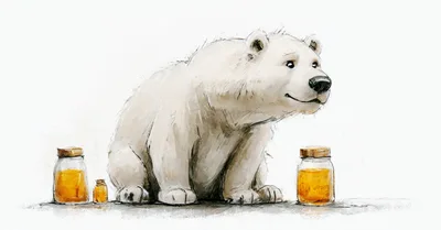 Artistic Illustration Of A Polar Bear With Honey Jars