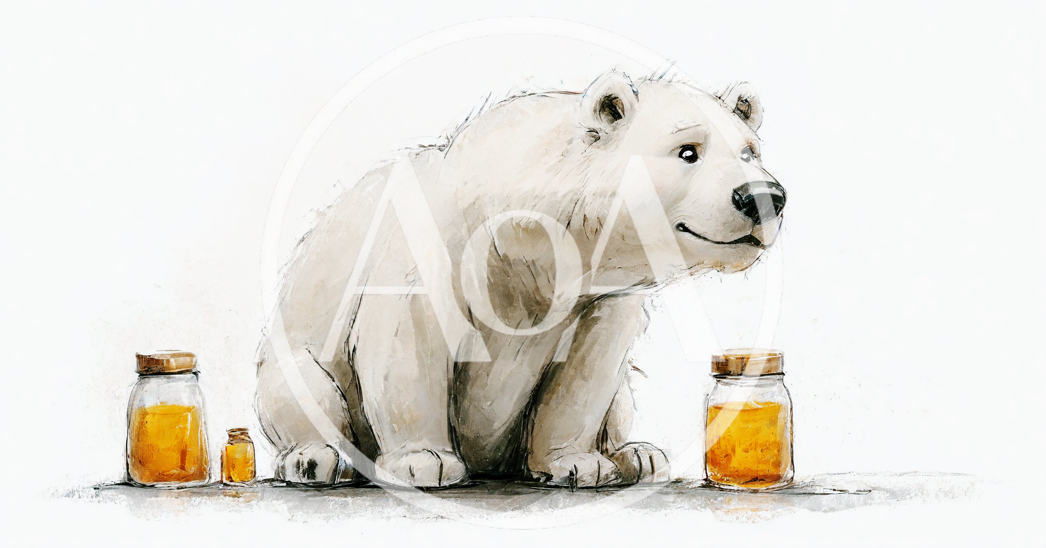 Artistic Illustration Of A Polar Bear With Honey Jars