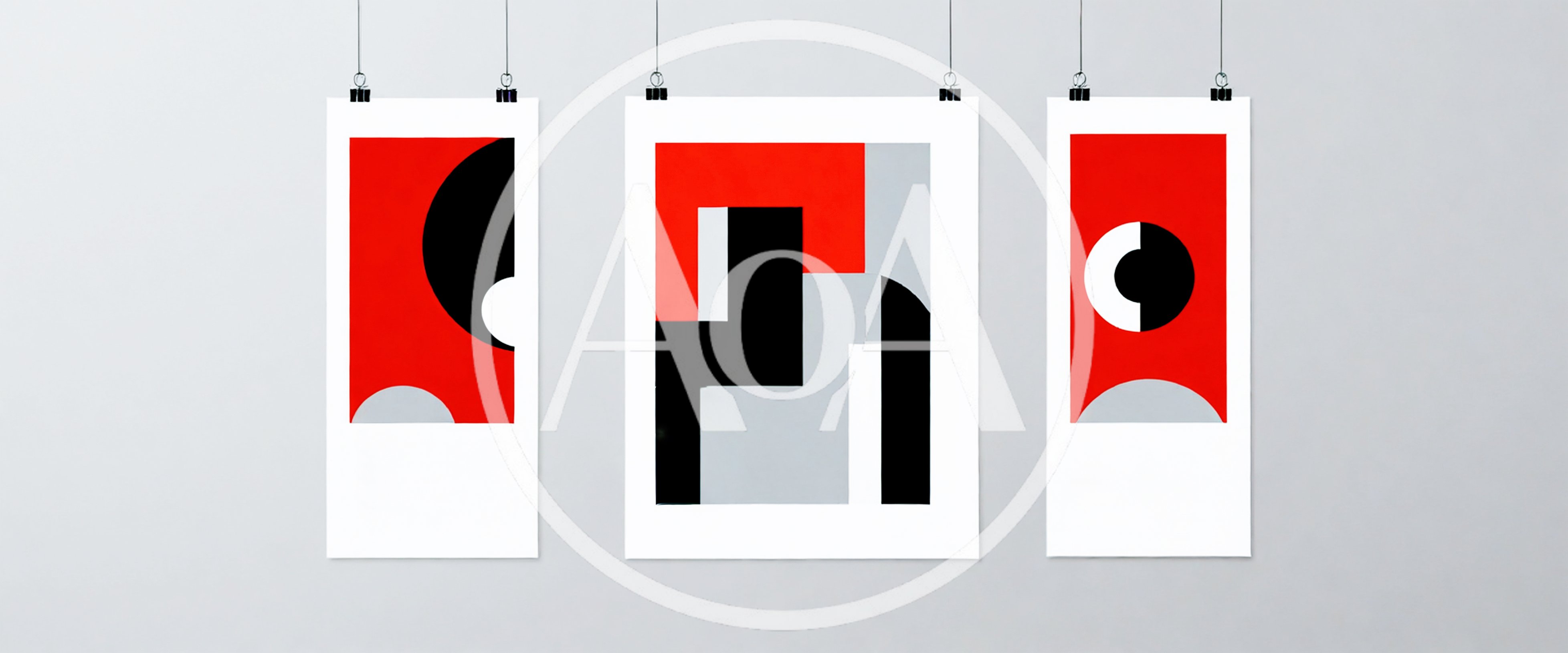 Three Abstract Geometric Art Prints Hanging On Wall