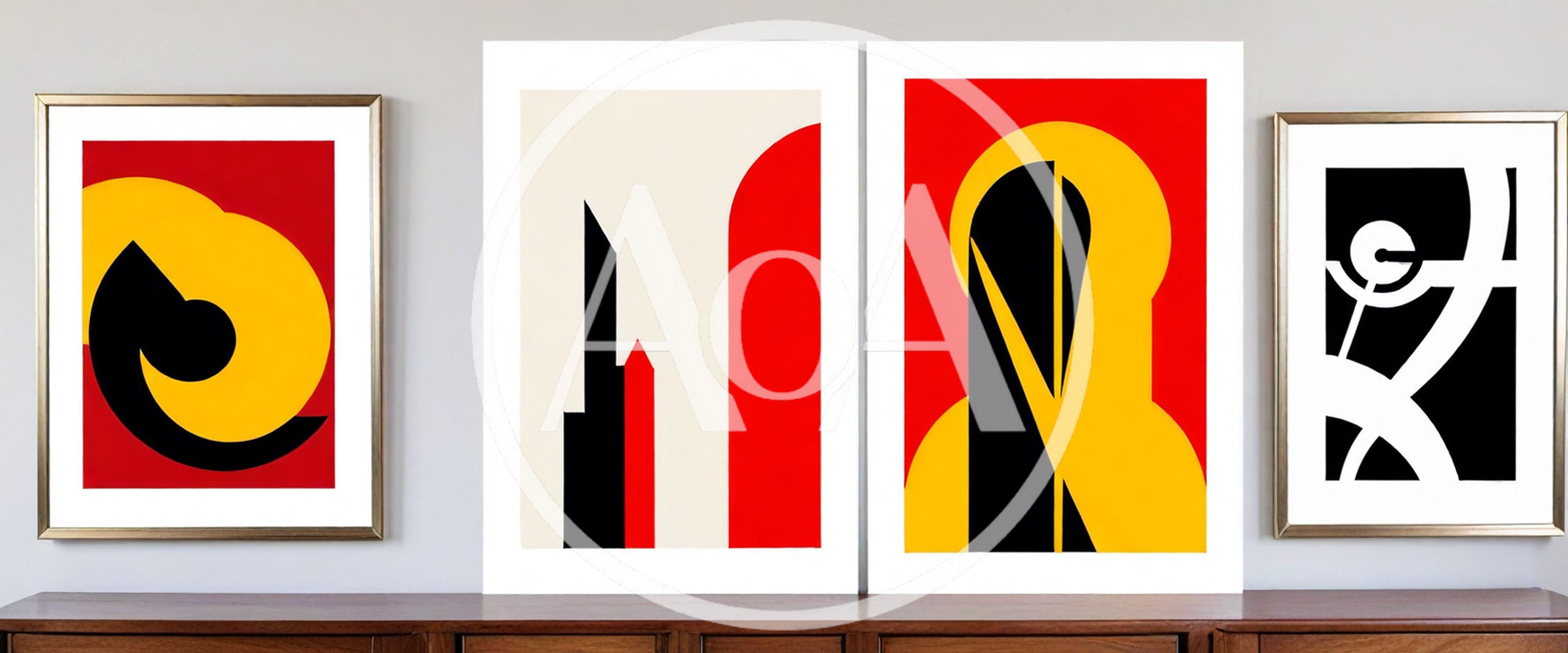 Four Abstract Geometric Art Prints Displayed On A Credenza
