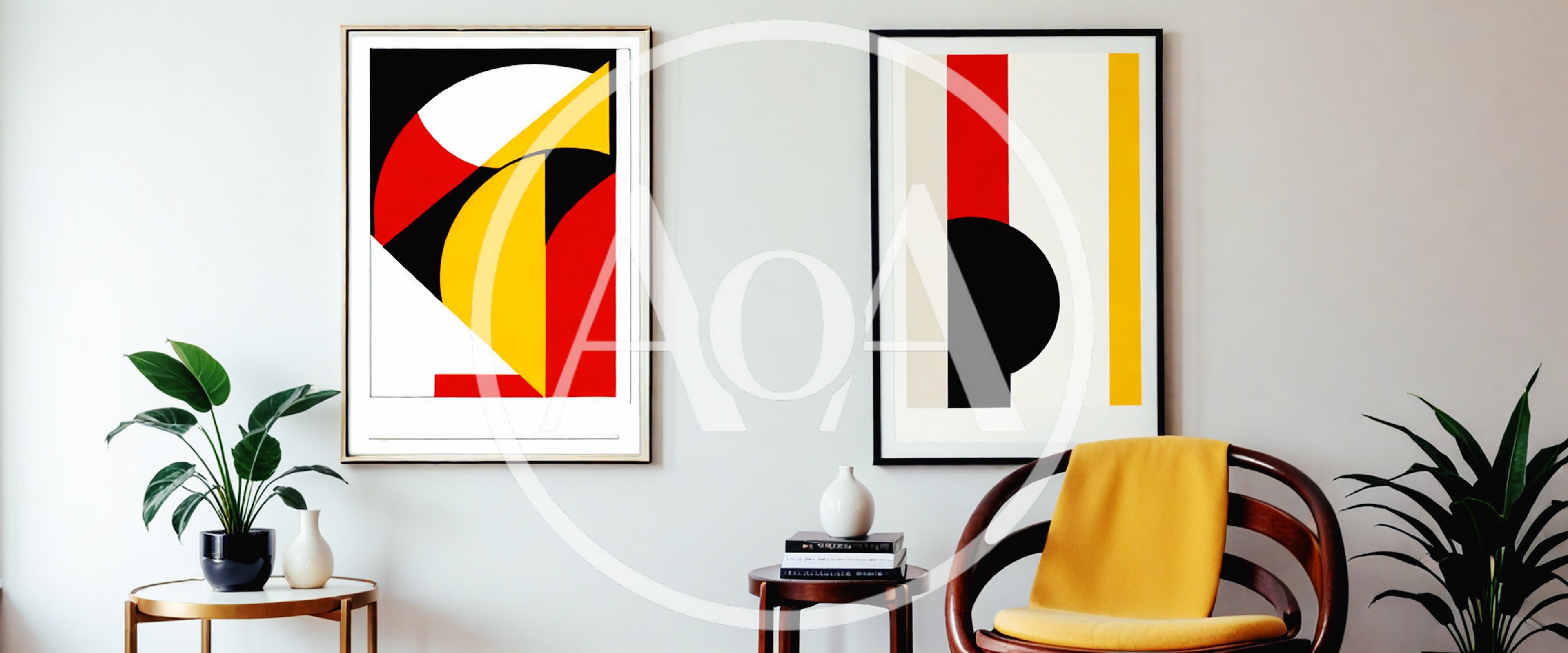 Modern Living Room With Abstract Art And Yellow Chair
