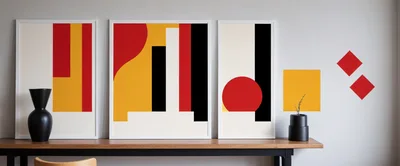 Modern Abstract Art Prints On A Wooden Console Table