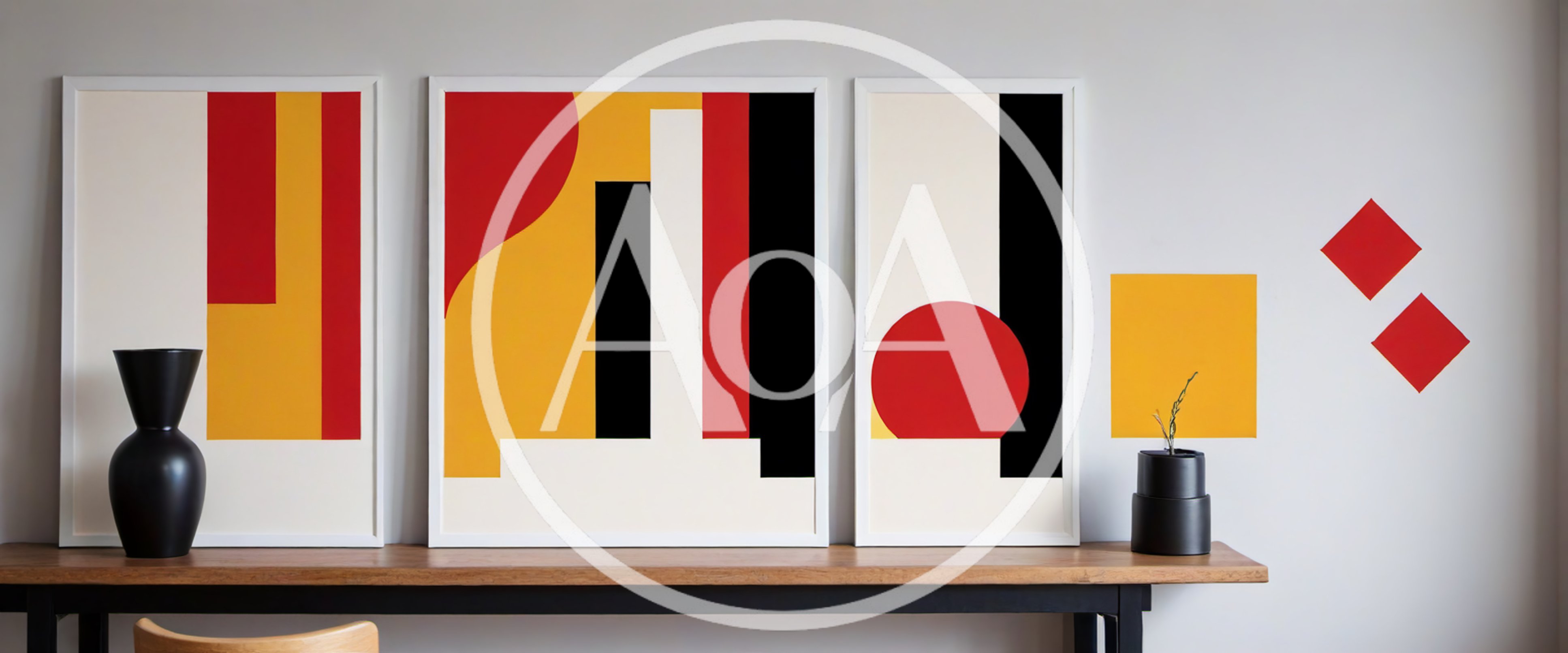 Modern Abstract Art Prints On A Wooden Console Table