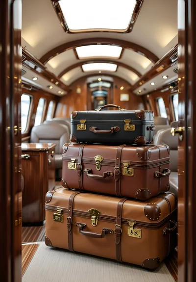 Stack of Vintage Leather Suitcases in Luxury Train Carriage