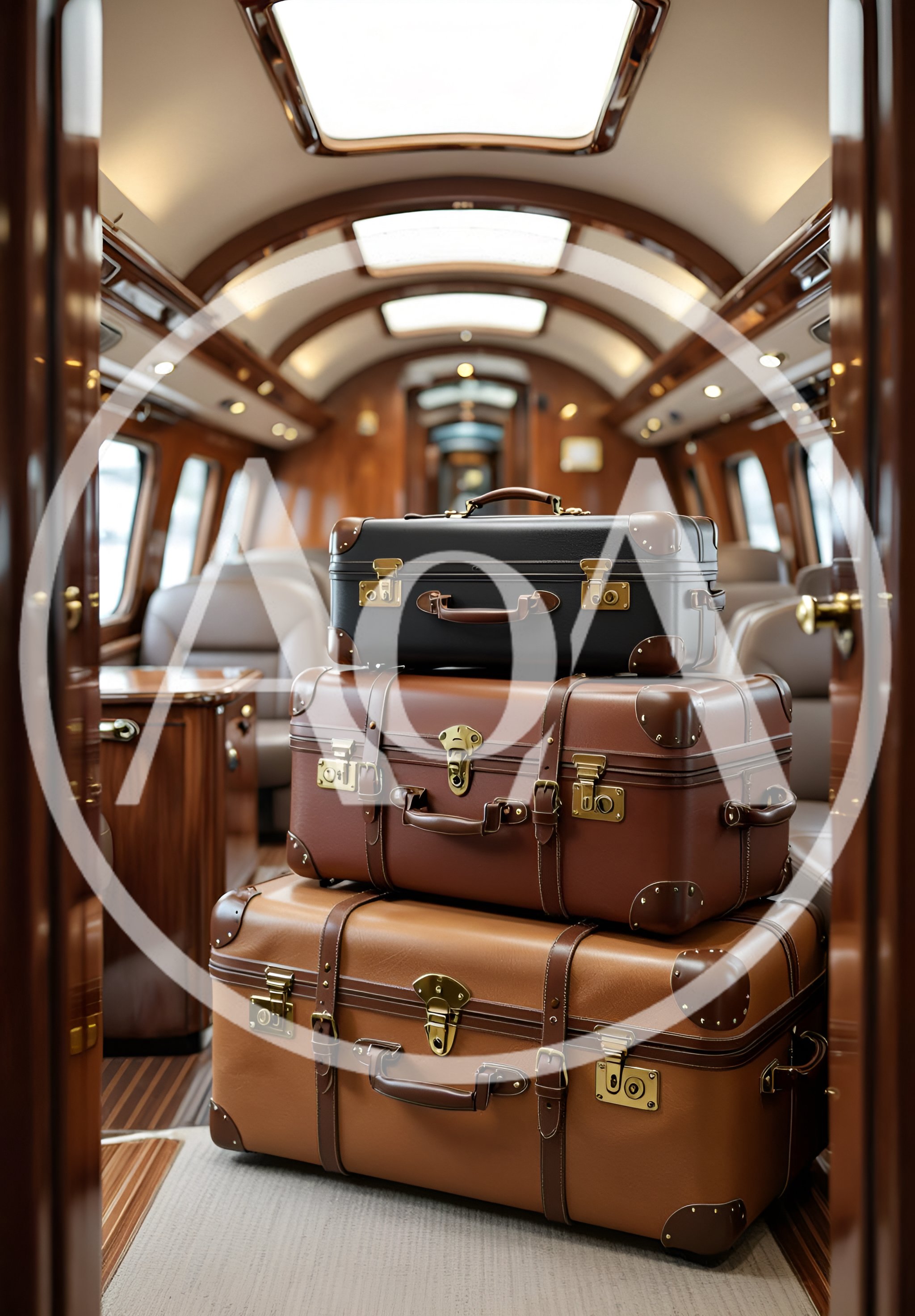Stack of Vintage Leather Suitcases in Luxury Train Carriage