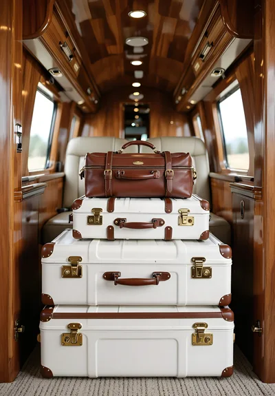 Stack of Vintage Style Luggage in Luxury Private Jet