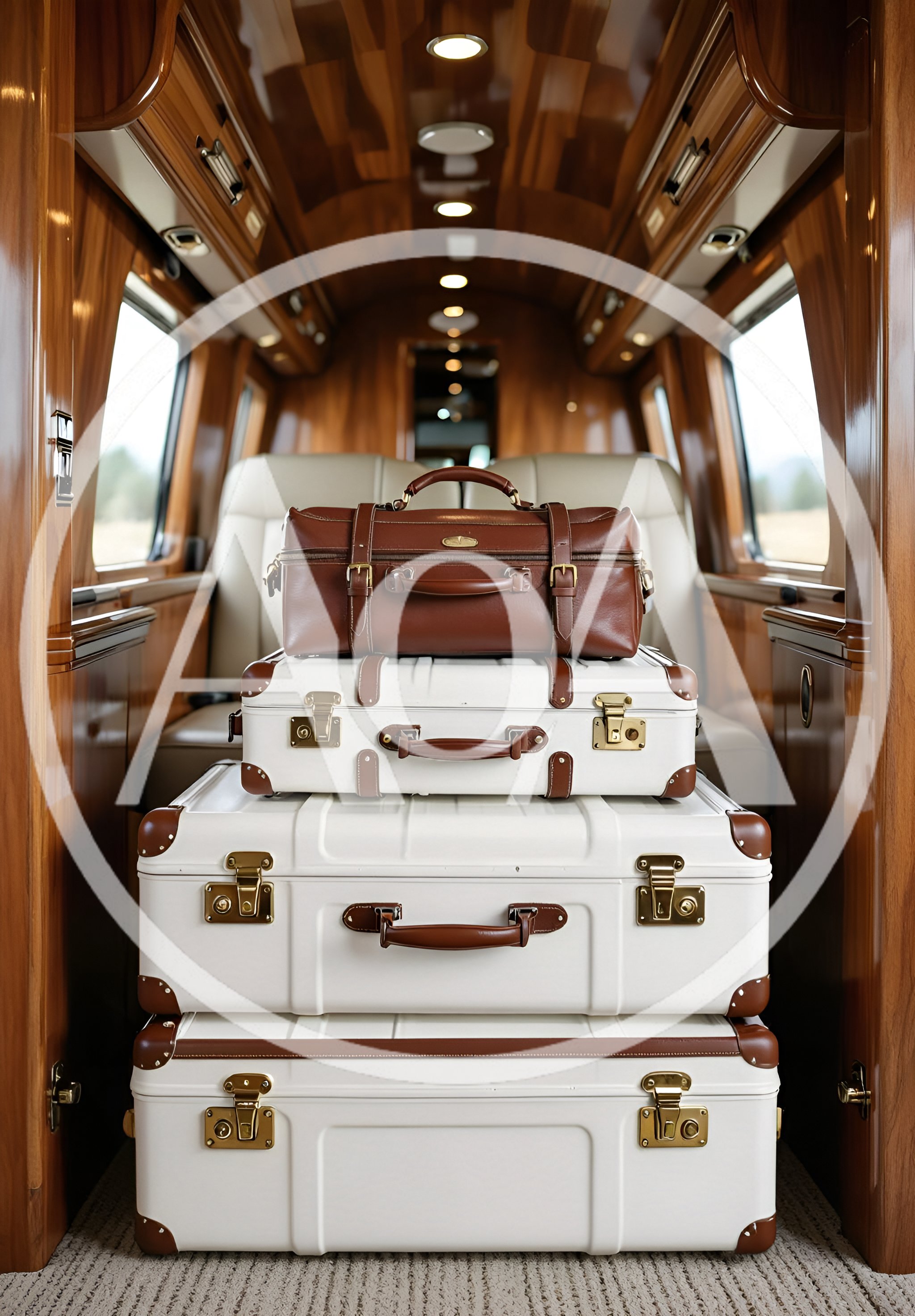 Stack of Vintage Style Luggage in Luxury Private Jet
