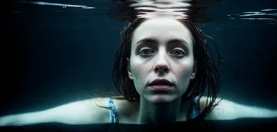 Woman Submerged In Dark Water Looking At Camera