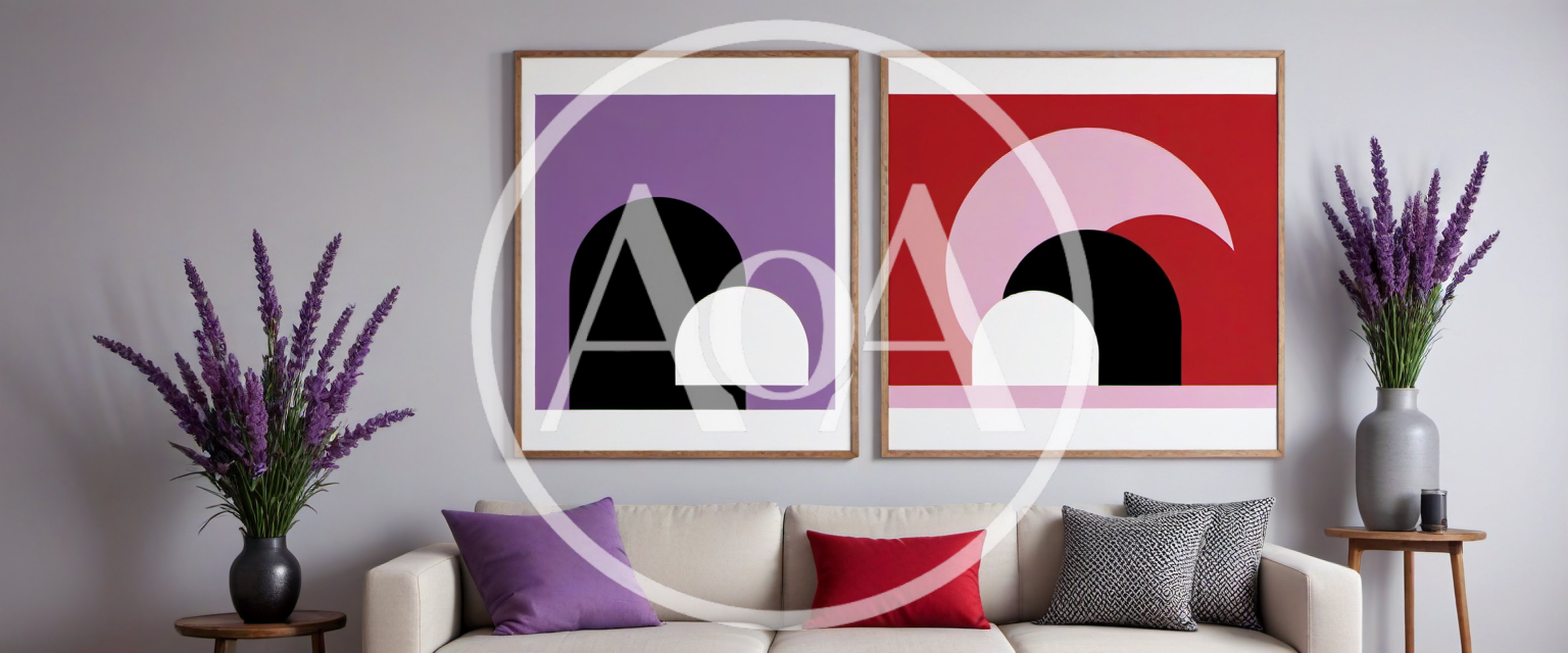 Modern Living Room With Abstract Art And Lavender