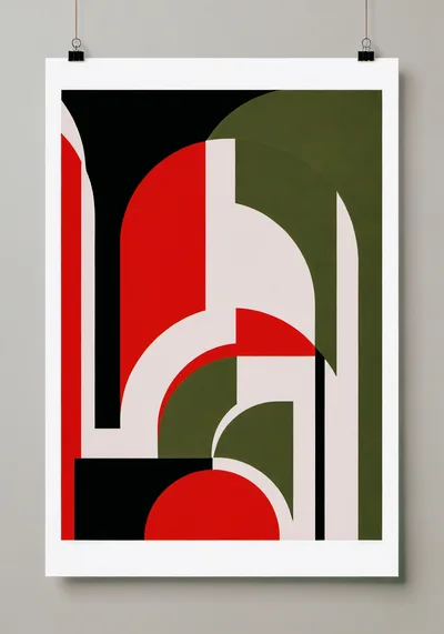 Abstract Geometric Poster With Red Green And Black Shapes