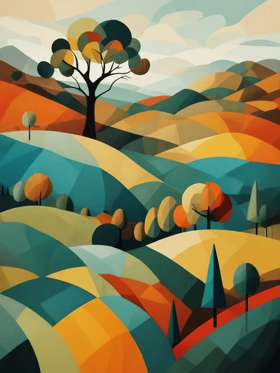 Abstract Geometric Landscape With Rolling Hills And Trees