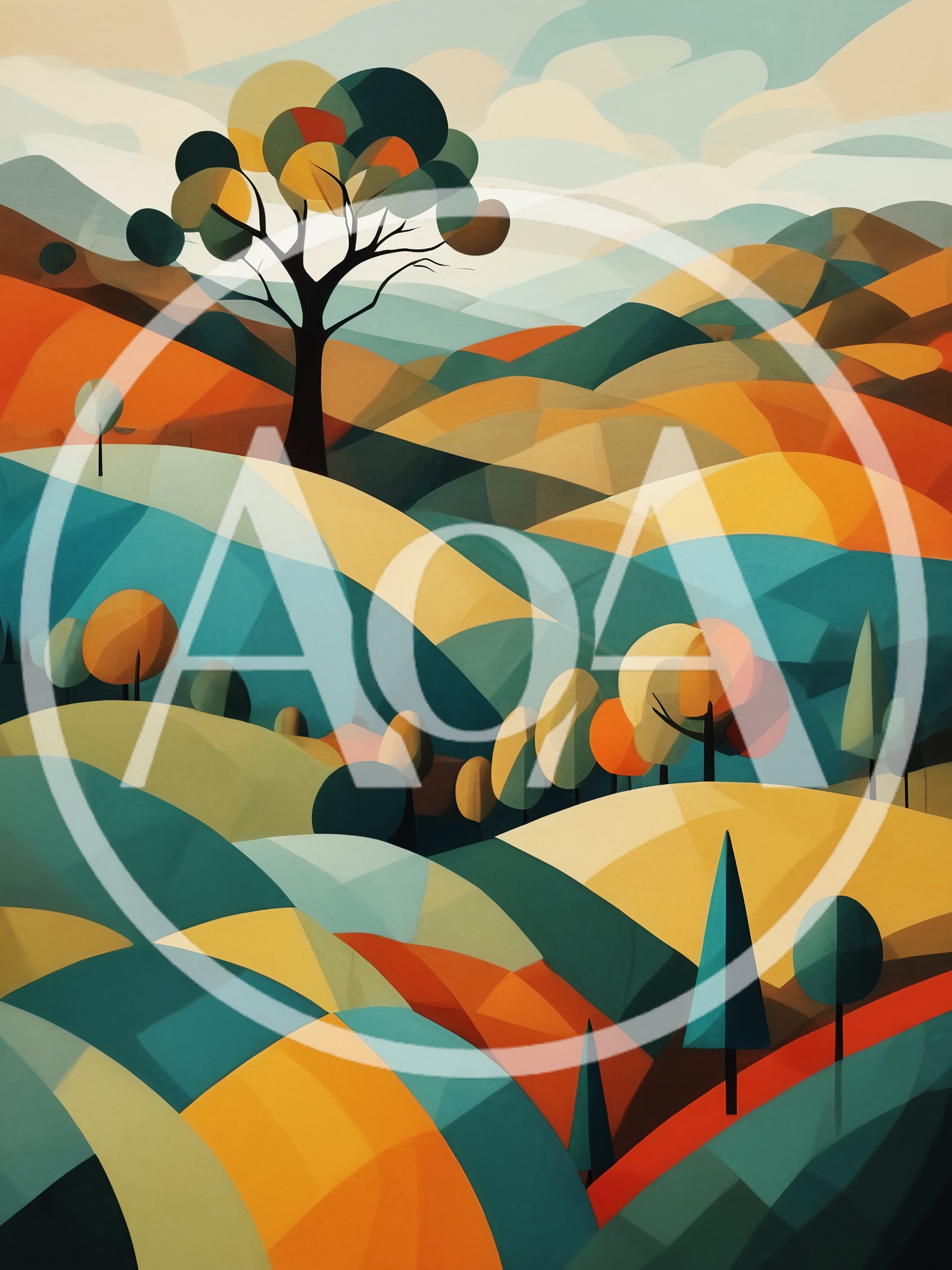 Abstract Geometric Landscape With Rolling Hills And Trees