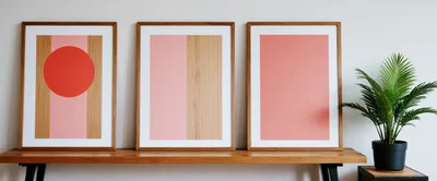 Three Minimalist Art Prints On A Wooden Console Table