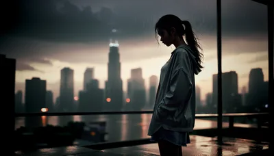 Young Woman Standing Alone on Balcony During Rainstorm