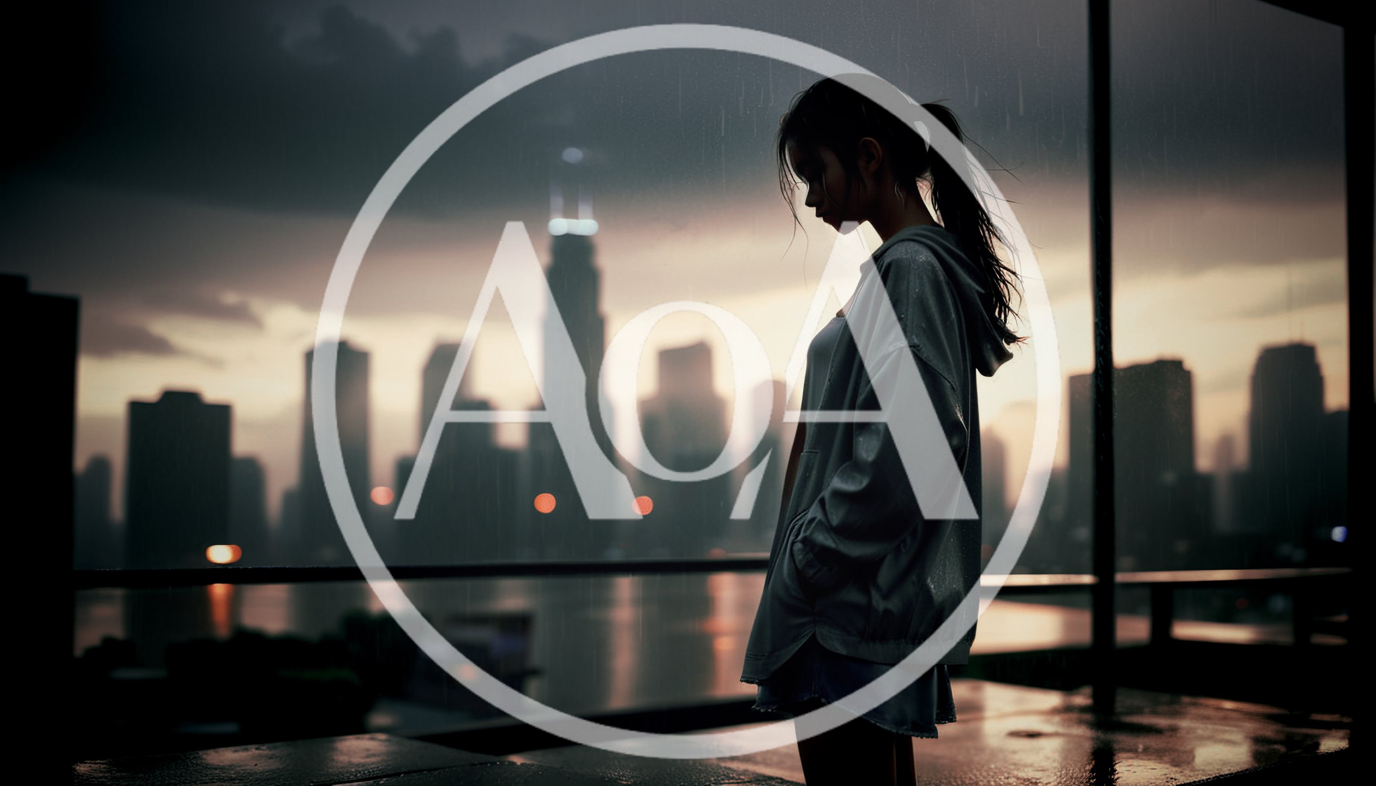 Young Woman Standing Alone on Balcony During Rainstorm