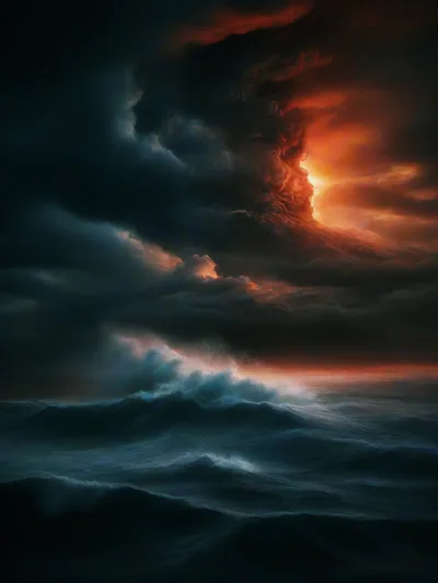 Dramatic Stormy Ocean Waves Under Glowing Sunset Clouds