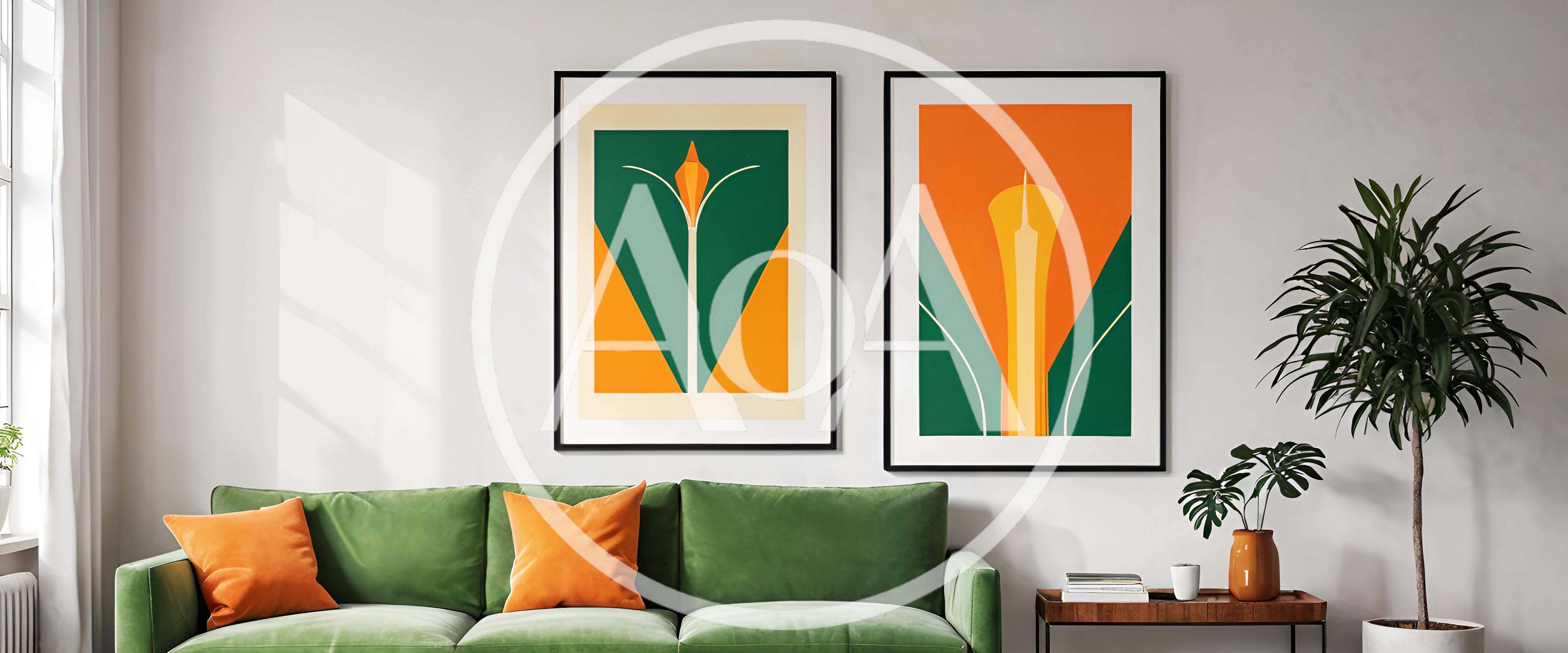 Modern Living Room With Green Sofa And Abstract Art