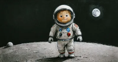 Cute Child Astronaut Standing On The Moon Surface