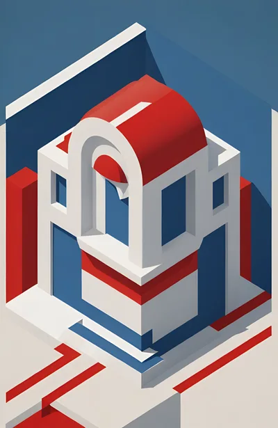 Isometric Abstract Architectural Structure In Red And Blue