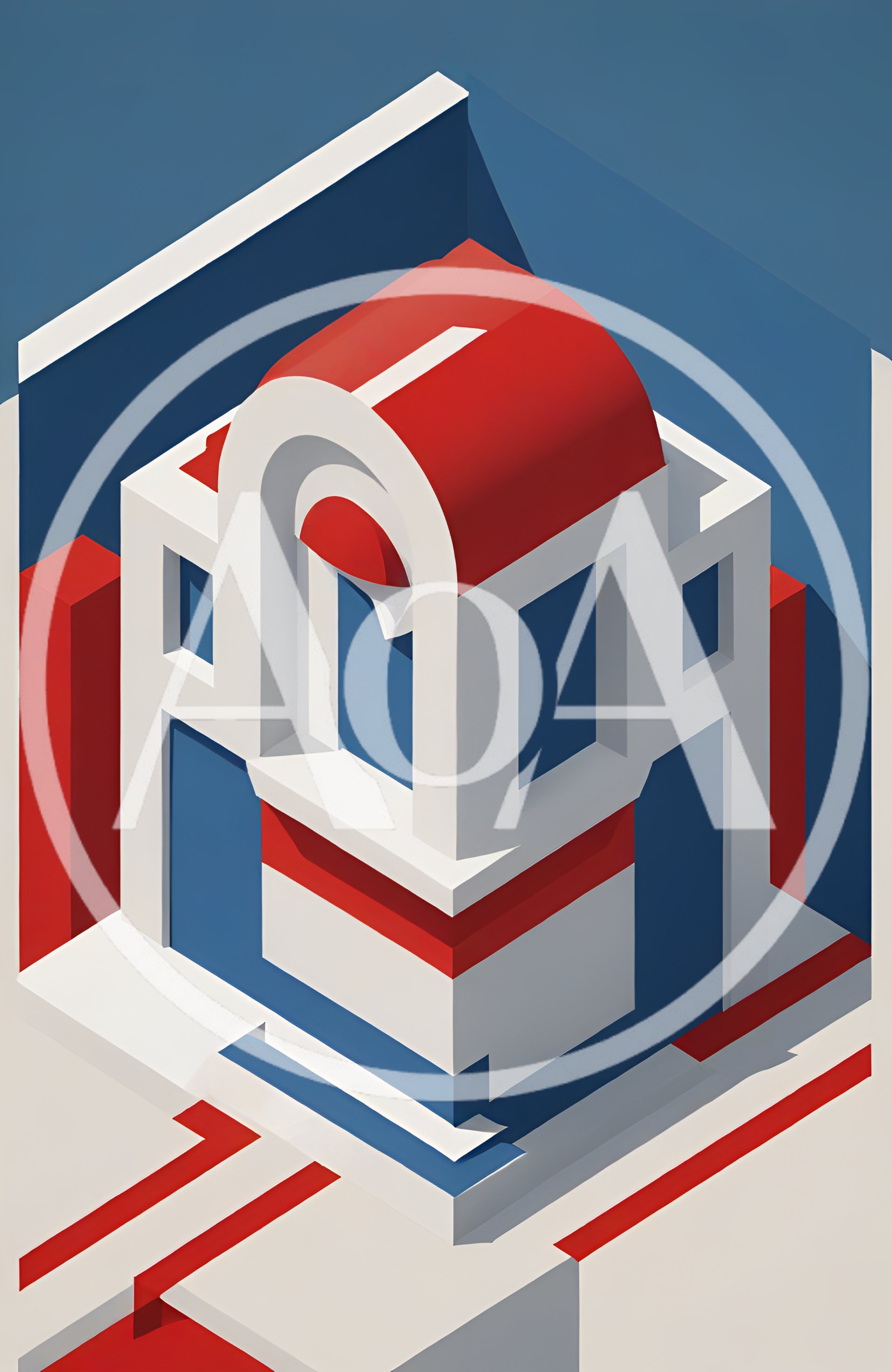 Isometric Abstract Architectural Structure In Red And Blue