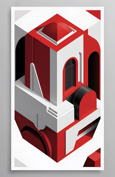 Abstract Isometric Architectural Structure In Red And White