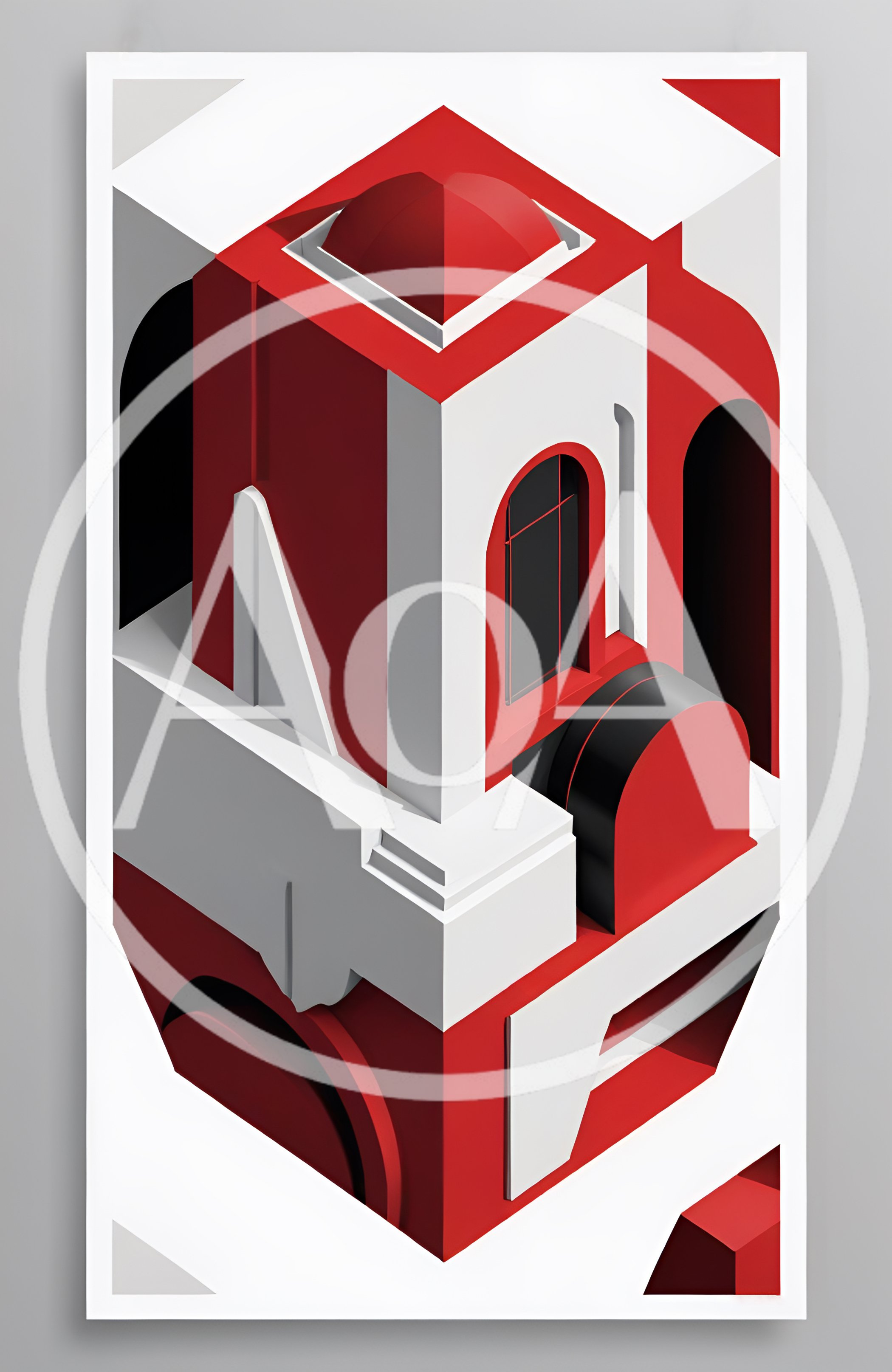 Abstract Isometric Architectural Structure In Red And White