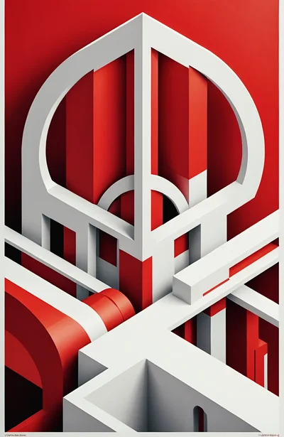 Abstract Geometric Architectural Structure In Red And White