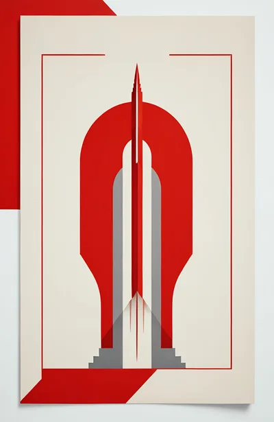 Minimalist Art Deco Style Rocket Launch Illustration