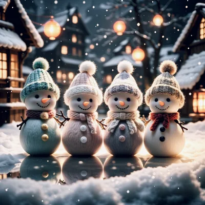 Four Cute Snowmen Standing Together In A Snowy Village