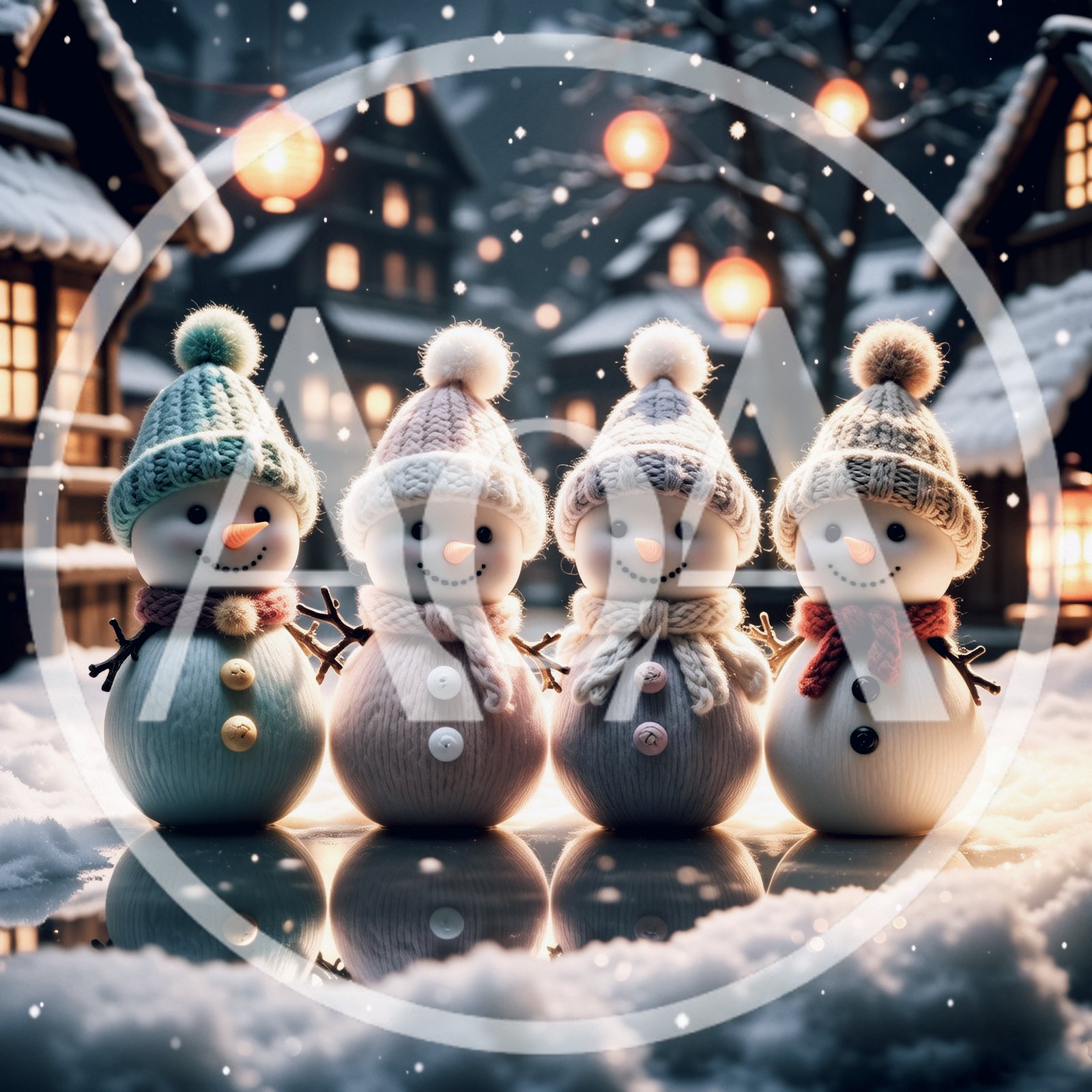 Four Cute Snowmen Standing Together In A Snowy Village