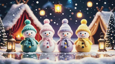 Four Cute Snowmen Wearing Colorful Knitted Winter Hats