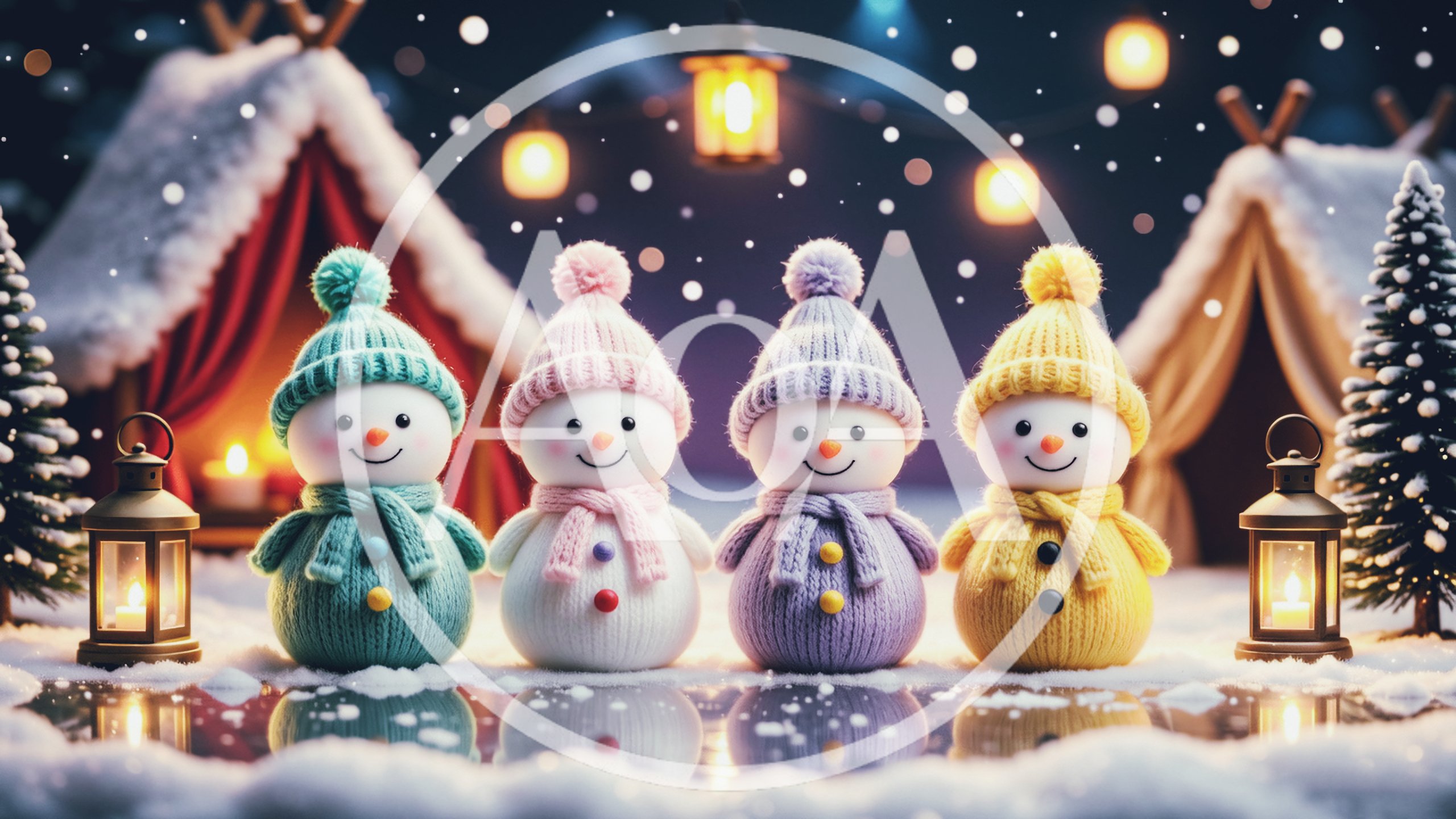 Four Cute Snowmen Wearing Colorful Knitted Winter Hats