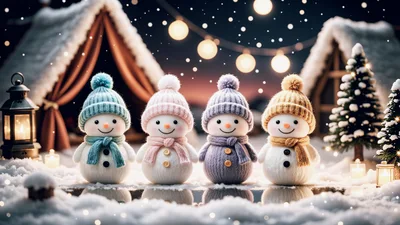 Four Cute Snowmen Standing Together In A Winter Scene