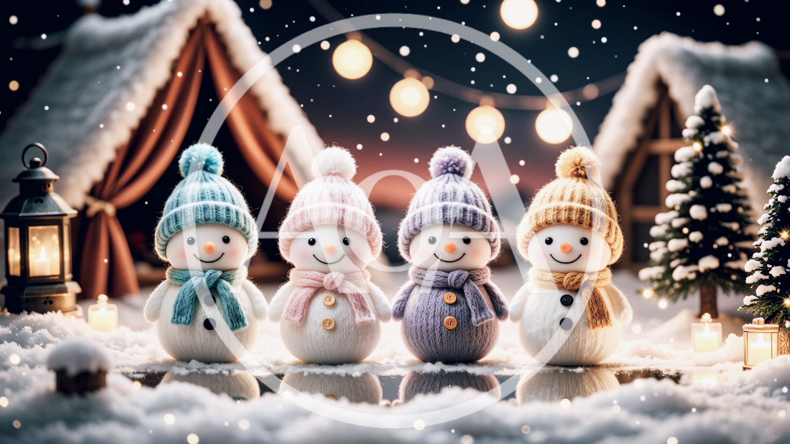 Four Cute Snowmen Standing Together In A Winter Scene