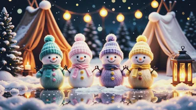 Four Cute Snowmen Standing Together In A Winter Campsite