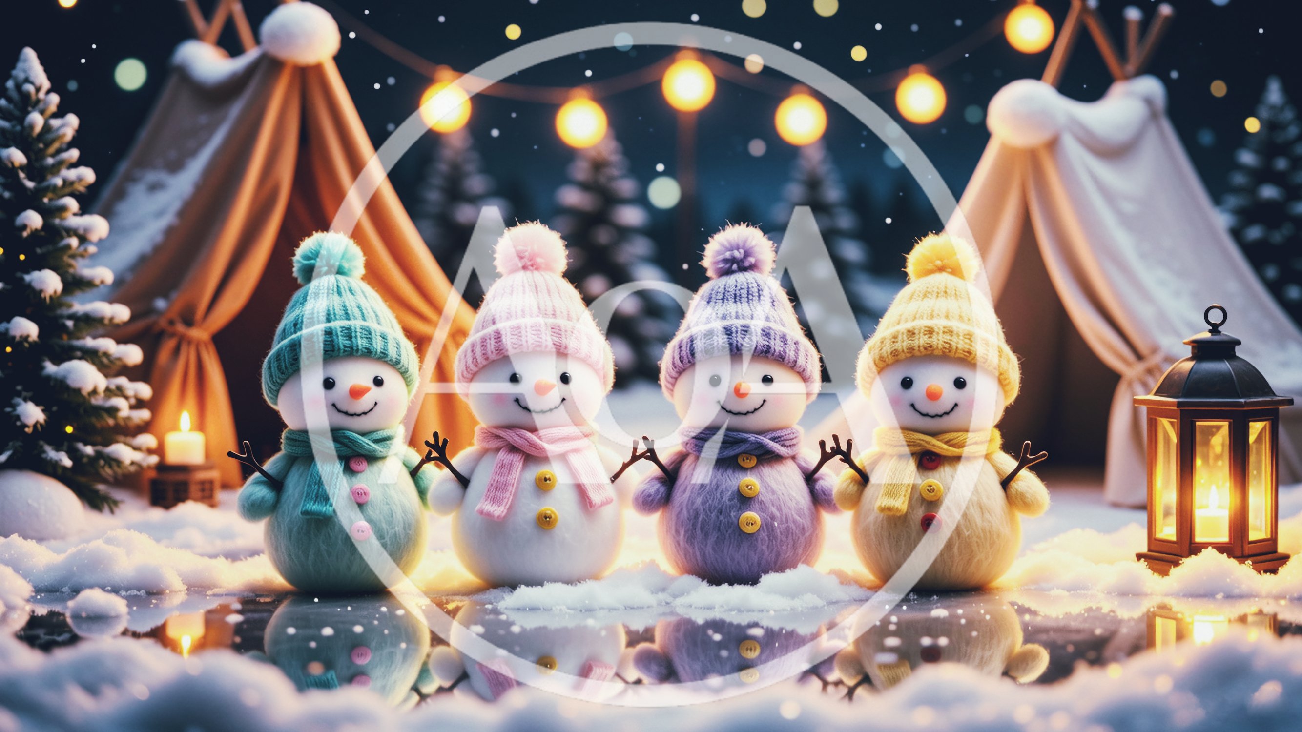 Four Cute Snowmen Standing Together In A Winter Campsite