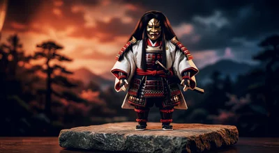 Chibi Samurai Warrior Figurine With Golden Mask