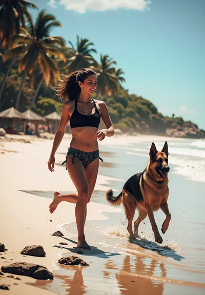 Young Woman Running With German Shepherd On Tropical Beach