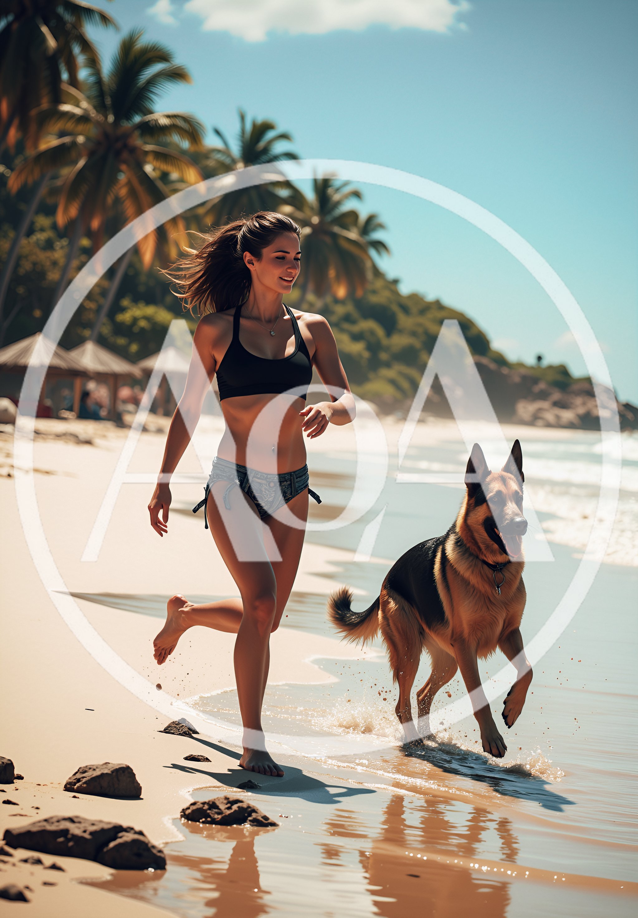 Young Woman Running With German Shepherd On Tropical Beach