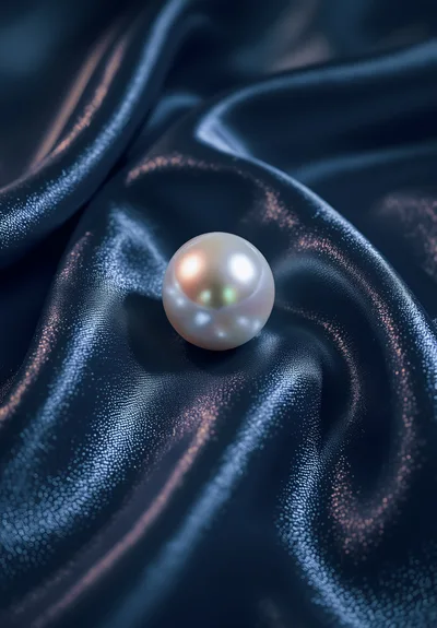 Single Lustrous Pearl Resting On Dark Blue Silk Fabric